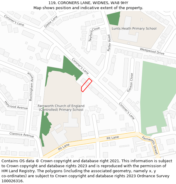 119, CORONERS LANE, WIDNES, WA8 9HY: Location map and indicative extent of plot