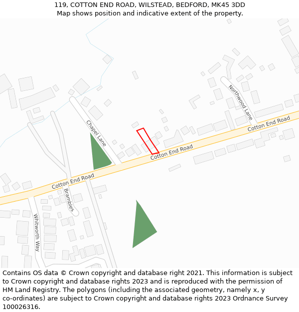 119, COTTON END ROAD, WILSTEAD, BEDFORD, MK45 3DD: Location map and indicative extent of plot