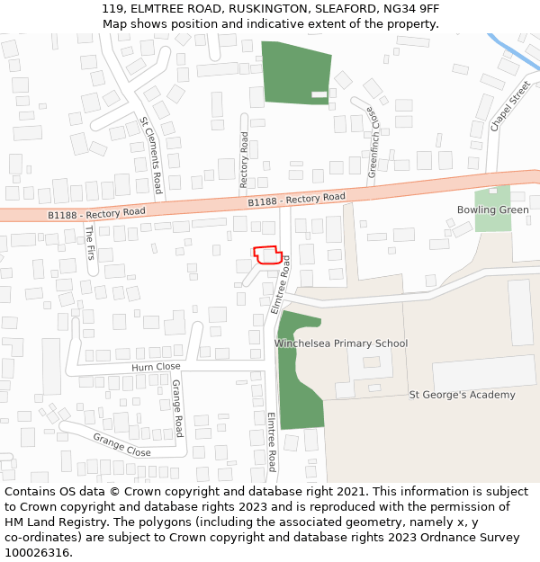 119, ELMTREE ROAD, RUSKINGTON, SLEAFORD, NG34 9FF: Location map and indicative extent of plot