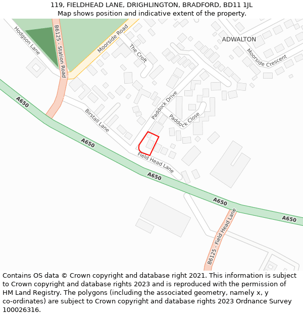 119, FIELDHEAD LANE, DRIGHLINGTON, BRADFORD, BD11 1JL: Location map and indicative extent of plot