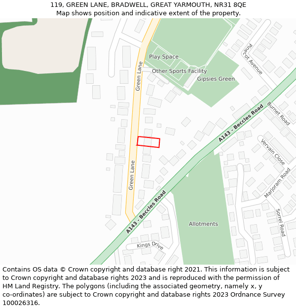 119, GREEN LANE, BRADWELL, GREAT YARMOUTH, NR31 8QE: Location map and indicative extent of plot