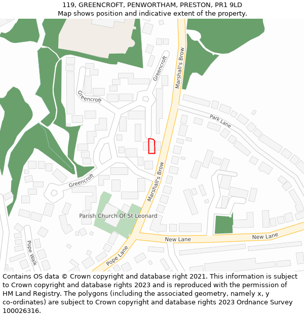 119, GREENCROFT, PENWORTHAM, PRESTON, PR1 9LD: Location map and indicative extent of plot