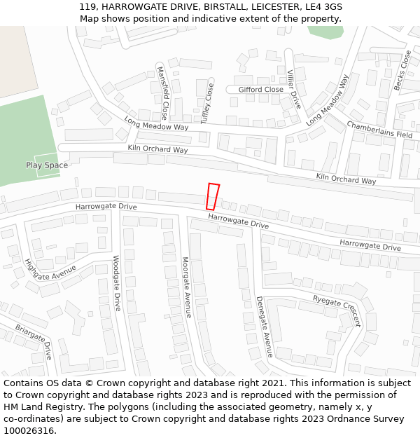 119, HARROWGATE DRIVE, BIRSTALL, LEICESTER, LE4 3GS: Location map and indicative extent of plot
