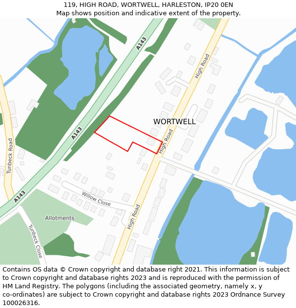 119, HIGH ROAD, WORTWELL, HARLESTON, IP20 0EN: Location map and indicative extent of plot