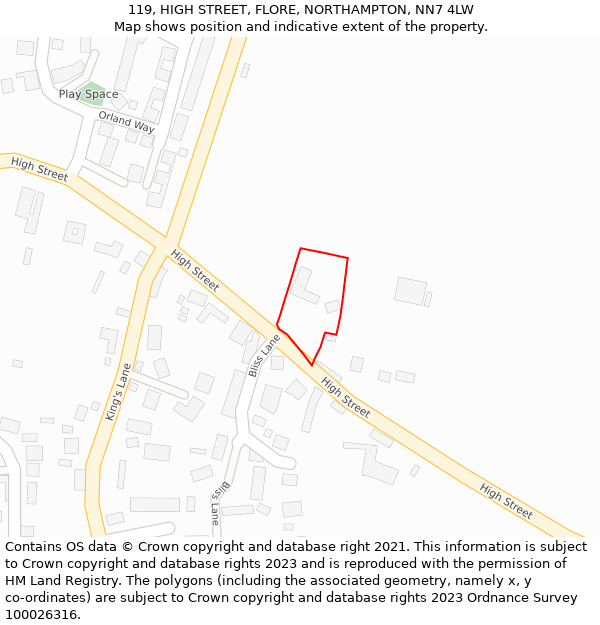 119, HIGH STREET, FLORE, NORTHAMPTON, NN7 4LW: Location map and indicative extent of plot