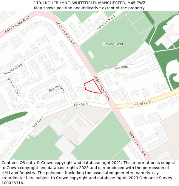 119, HIGHER LANE, WHITEFIELD, MANCHESTER, M45 7WZ: Location map and indicative extent of plot
