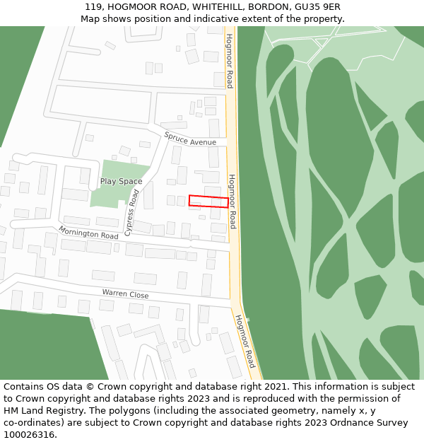 119, HOGMOOR ROAD, WHITEHILL, BORDON, GU35 9ER: Location map and indicative extent of plot