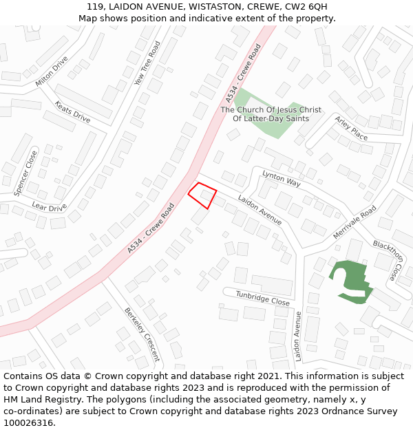 119, LAIDON AVENUE, WISTASTON, CREWE, CW2 6QH: Location map and indicative extent of plot