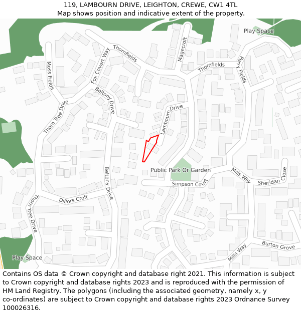 119, LAMBOURN DRIVE, LEIGHTON, CREWE, CW1 4TL: Location map and indicative extent of plot