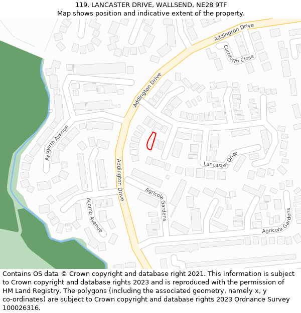 119, LANCASTER DRIVE, WALLSEND, NE28 9TF: Location map and indicative extent of plot