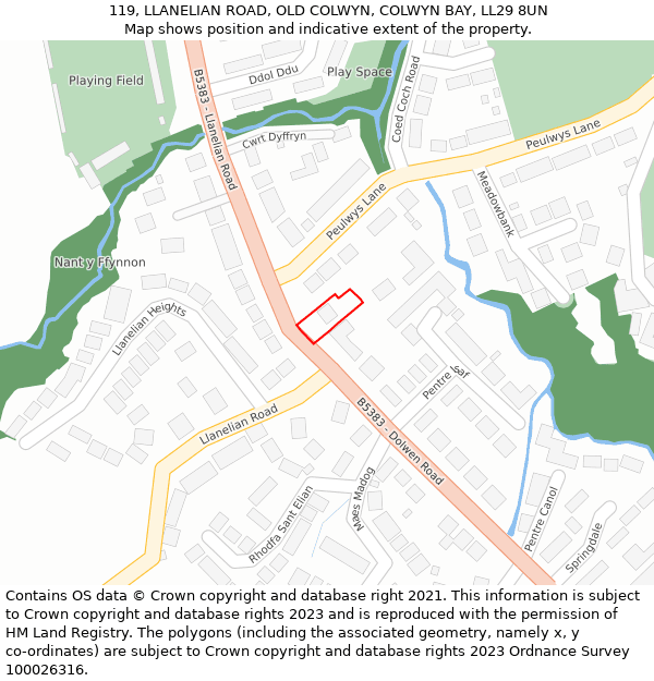 119, LLANELIAN ROAD, OLD COLWYN, COLWYN BAY, LL29 8UN: Location map and indicative extent of plot