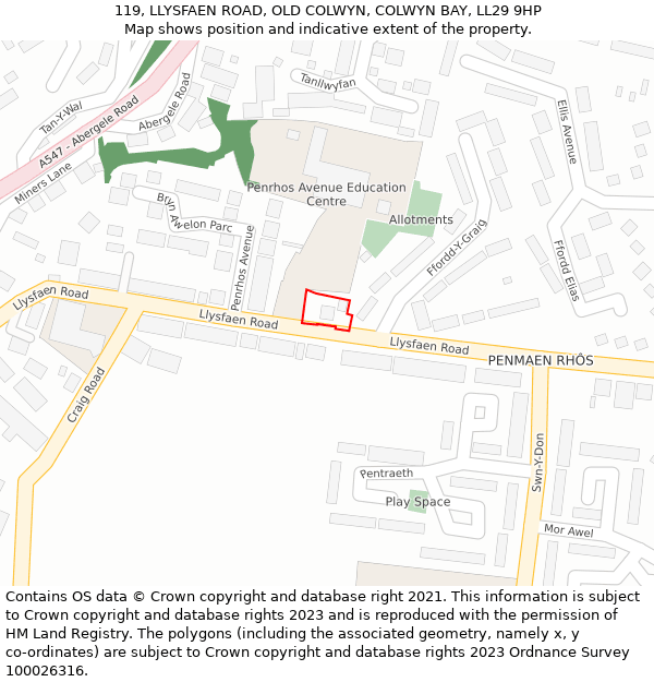 119, LLYSFAEN ROAD, OLD COLWYN, COLWYN BAY, LL29 9HP: Location map and indicative extent of plot