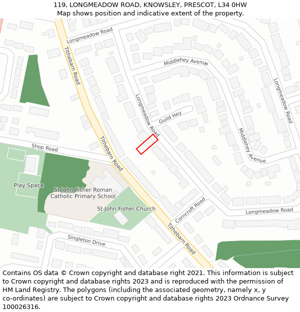 119, LONGMEADOW ROAD, KNOWSLEY, PRESCOT, L34 0HW: Location map and indicative extent of plot