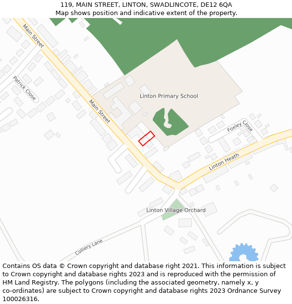119, MAIN STREET, LINTON, SWADLINCOTE, DE12 6QA: Location map and indicative extent of plot