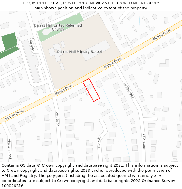 119, MIDDLE DRIVE, PONTELAND, NEWCASTLE UPON TYNE, NE20 9DS: Location map and indicative extent of plot