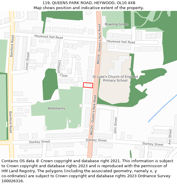119, QUEENS PARK ROAD, HEYWOOD, OL10 4XB: Location map and indicative extent of plot