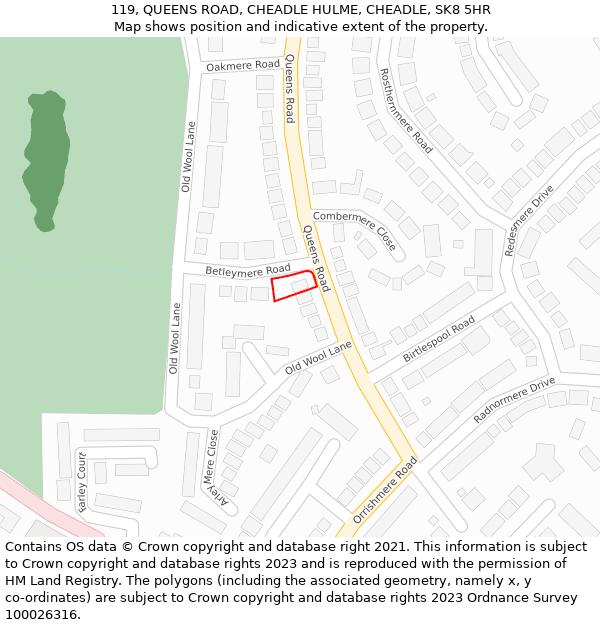 119, QUEENS ROAD, CHEADLE HULME, CHEADLE, SK8 5HR: Location map and indicative extent of plot