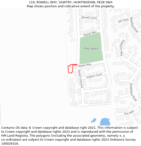 119, ROWELL WAY, SAWTRY, HUNTINGDON, PE28 5WA: Location map and indicative extent of plot