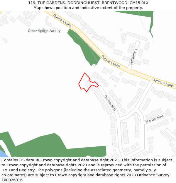 119, THE GARDENS, DODDINGHURST, BRENTWOOD, CM15 0LX: Location map and indicative extent of plot