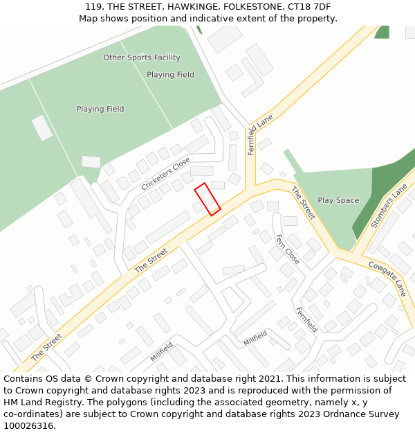 119, THE STREET, HAWKINGE, FOLKESTONE, CT18 7DF: Location map and indicative extent of plot