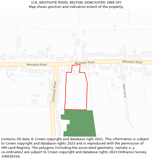 119, WESTGATE ROAD, BELTON, DONCASTER, DN9 1PY: Location map and indicative extent of plot