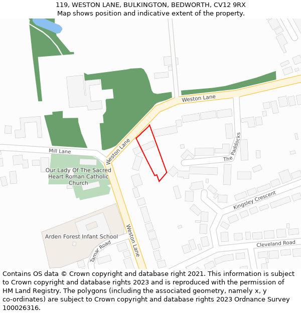 119, WESTON LANE, BULKINGTON, BEDWORTH, CV12 9RX: Location map and indicative extent of plot