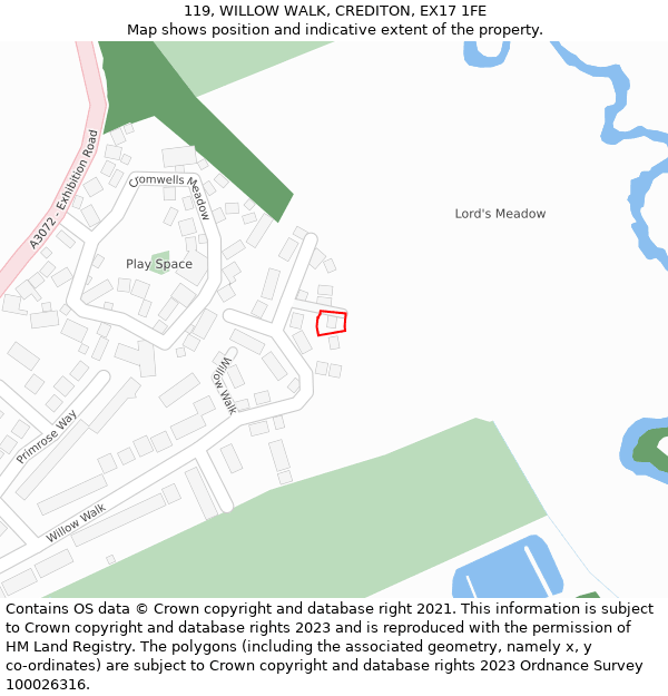 119, WILLOW WALK, CREDITON, EX17 1FE: Location map and indicative extent of plot