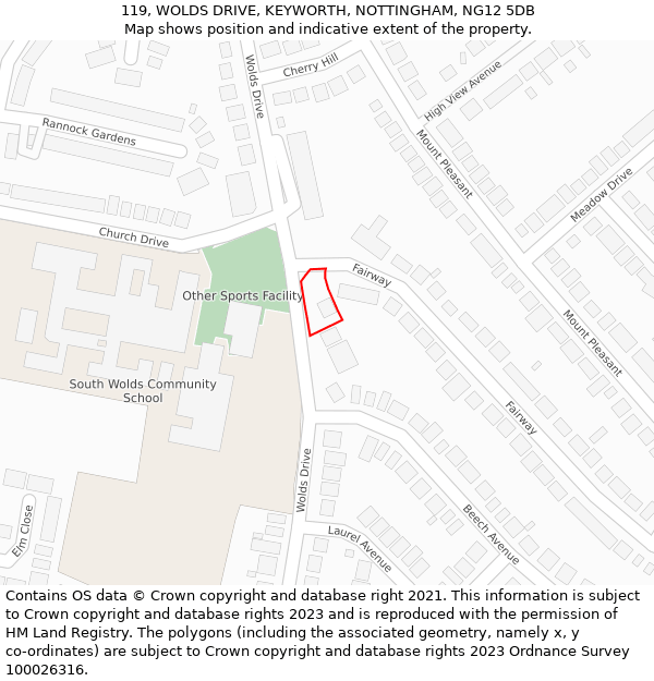 119, WOLDS DRIVE, KEYWORTH, NOTTINGHAM, NG12 5DB: Location map and indicative extent of plot