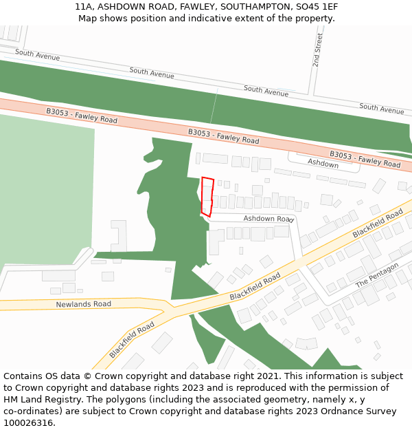 11A, ASHDOWN ROAD, FAWLEY, SOUTHAMPTON, SO45 1EF: Location map and indicative extent of plot