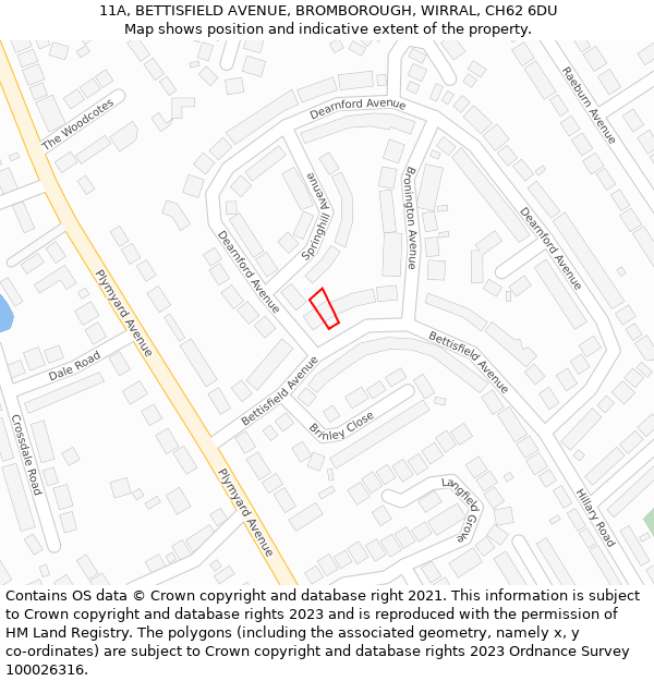 11A, BETTISFIELD AVENUE, BROMBOROUGH, WIRRAL, CH62 6DU: Location map and indicative extent of plot