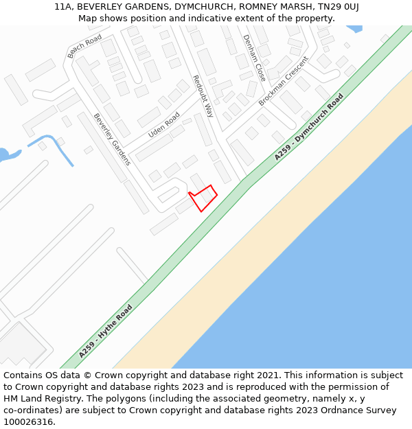 11A, BEVERLEY GARDENS, DYMCHURCH, ROMNEY MARSH, TN29 0UJ: Location map and indicative extent of plot