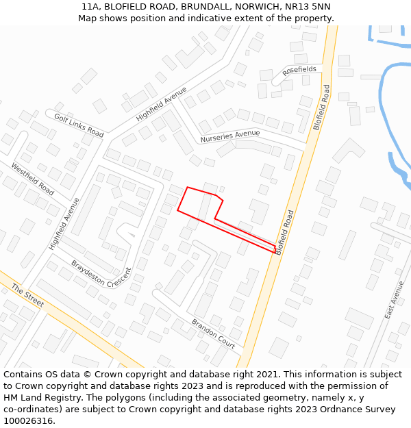 11A, BLOFIELD ROAD, BRUNDALL, NORWICH, NR13 5NN: Location map and indicative extent of plot