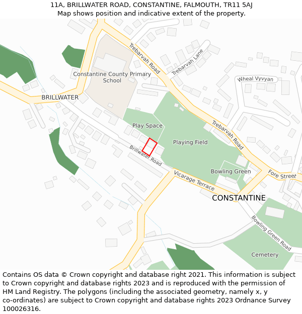 11A, BRILLWATER ROAD, CONSTANTINE, FALMOUTH, TR11 5AJ: Location map and indicative extent of plot