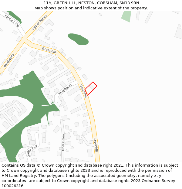 11A, GREENHILL, NESTON, CORSHAM, SN13 9RN: Location map and indicative extent of plot