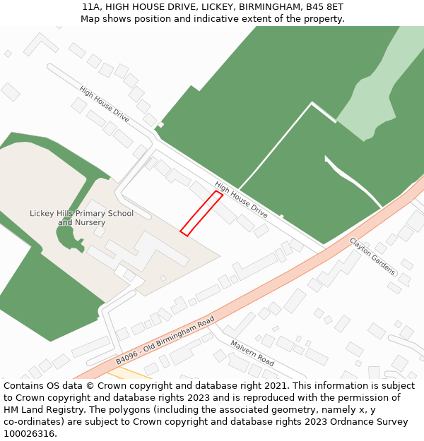 11A, HIGH HOUSE DRIVE, LICKEY, BIRMINGHAM, B45 8ET: Location map and indicative extent of plot