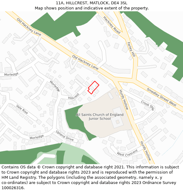 11A, HILLCREST, MATLOCK, DE4 3SL: Location map and indicative extent of plot