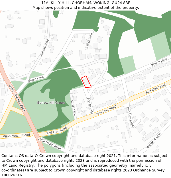 11A, KILLY HILL, CHOBHAM, WOKING, GU24 8RF: Location map and indicative extent of plot