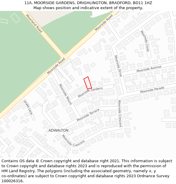 11A, MOORSIDE GARDENS, DRIGHLINGTON, BRADFORD, BD11 1HZ: Location map and indicative extent of plot