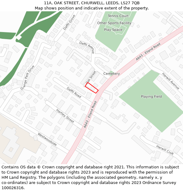 11A, OAK STREET, CHURWELL, LEEDS, LS27 7QB: Location map and indicative extent of plot