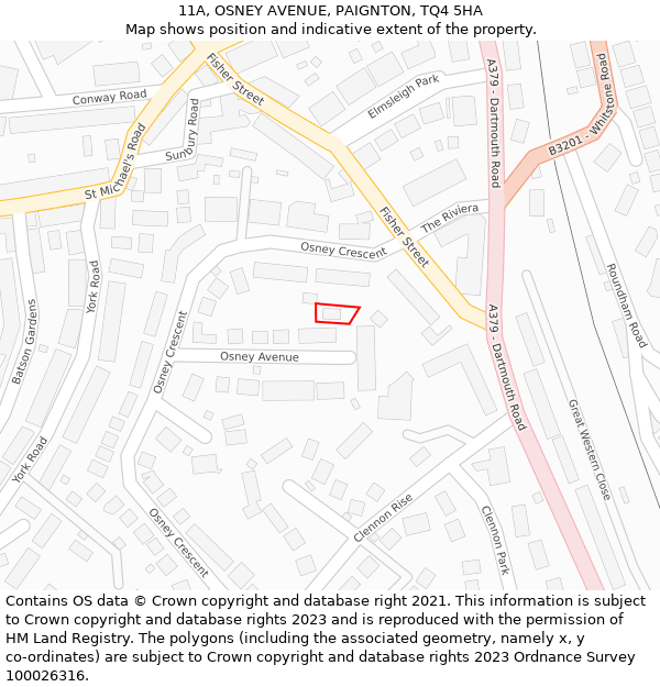 11A, OSNEY AVENUE, PAIGNTON, TQ4 5HA: Location map and indicative extent of plot