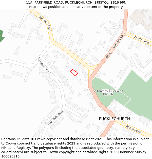 11A, PARKFIELD ROAD, PUCKLECHURCH, BRISTOL, BS16 9PN: Location map and indicative extent of plot