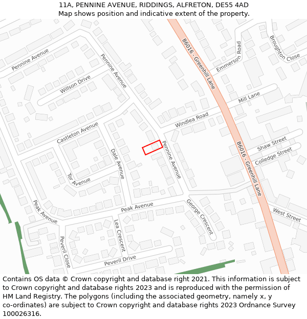 11A, PENNINE AVENUE, RIDDINGS, ALFRETON, DE55 4AD: Location map and indicative extent of plot