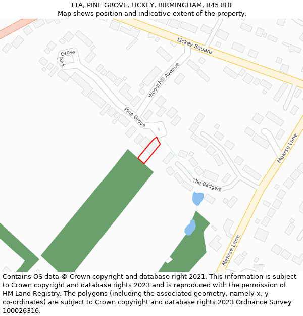 11A, PINE GROVE, LICKEY, BIRMINGHAM, B45 8HE: Location map and indicative extent of plot