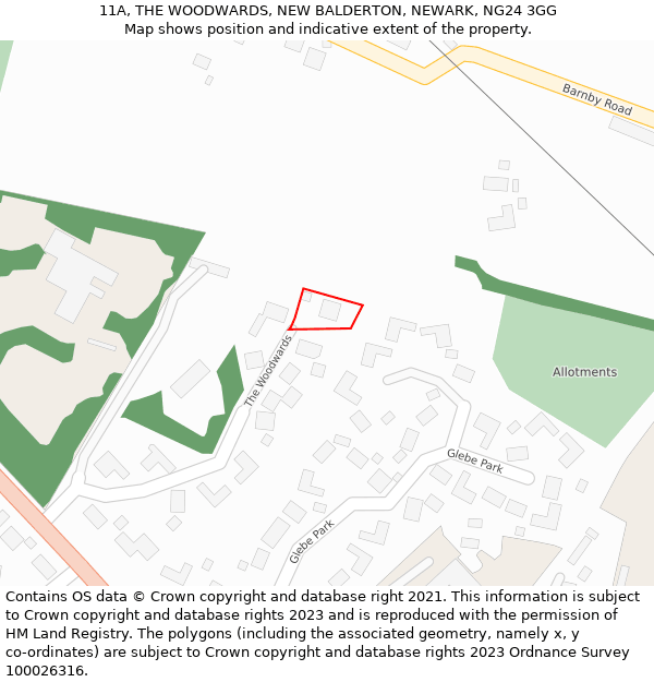11A, THE WOODWARDS, NEW BALDERTON, NEWARK, NG24 3GG: Location map and indicative extent of plot