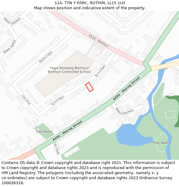 11A, TYN Y PARC, RUTHIN, LL15 1LH: Location map and indicative extent of plot