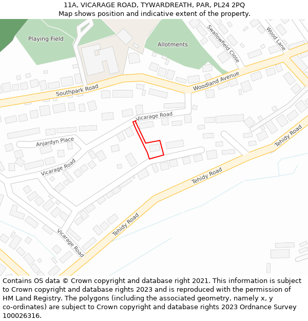 11A, VICARAGE ROAD, TYWARDREATH, PAR, PL24 2PQ: Location map and indicative extent of plot