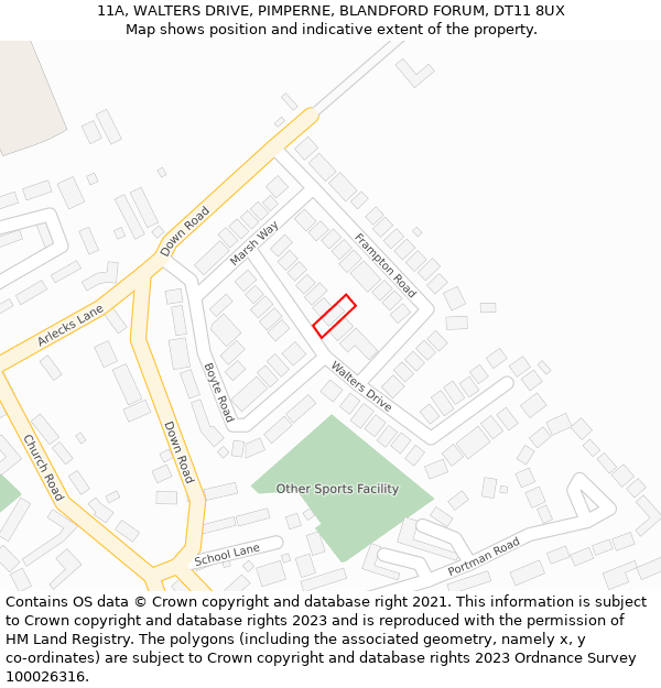 11A, WALTERS DRIVE, PIMPERNE, BLANDFORD FORUM, DT11 8UX: Location map and indicative extent of plot