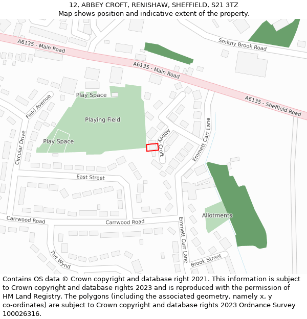 12, ABBEY CROFT, RENISHAW, SHEFFIELD, S21 3TZ: Location map and indicative extent of plot