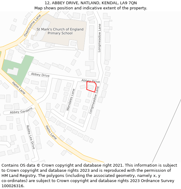 12, ABBEY DRIVE, NATLAND, KENDAL, LA9 7QN: Location map and indicative extent of plot