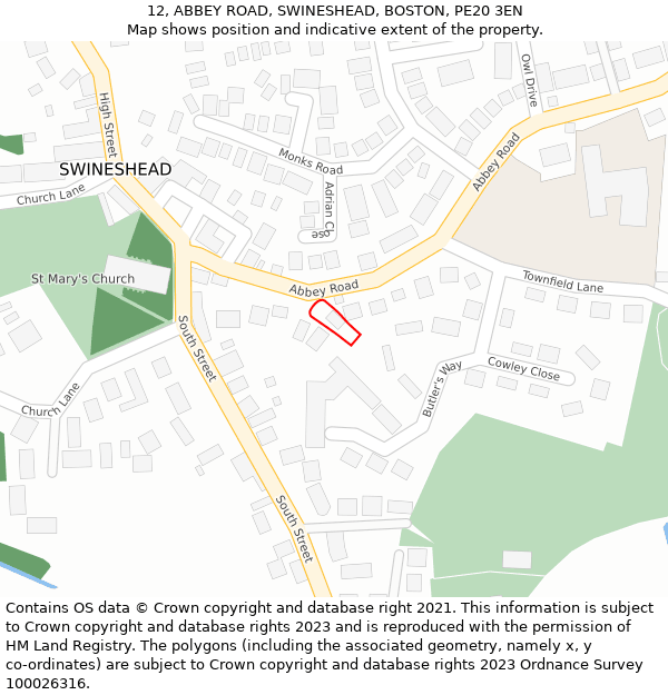 12, ABBEY ROAD, SWINESHEAD, BOSTON, PE20 3EN: Location map and indicative extent of plot